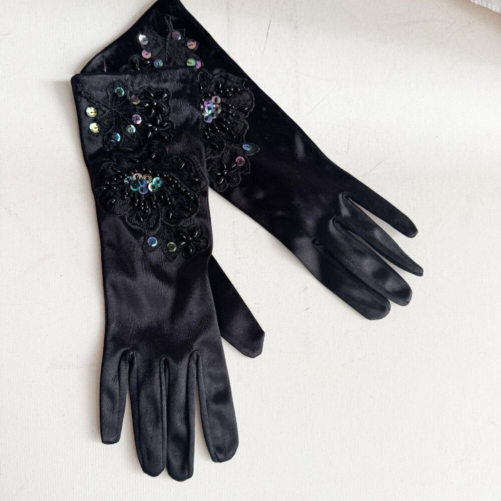 Vintage Black Satin Floral Beaded Embroidered Evening Gloves S - Picture 2 of 8
